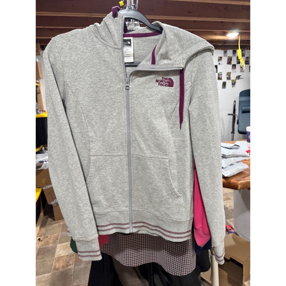 The North Face Womens Full Zip Hoodie Gray‎ Purple Logo Sweatshirt Size S